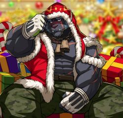 Rule 34 | 1boy, abs, bara, blue hair, blush, box, camouflage, camouflage pants, chain necklace, christmas, curled horns, demon boy, drks, furry, furry male, gift, gift box, grey fur, highres, hood, hood up, horns, huge eyebrows, jewelry, krampus (housamo), large pectorals, long sideburns, male focus, mature male, muscular, muscular male, necklace, official alternate costume, paid reward available, pants, pectorals, red headwear, santa costume, scar, scar across eye, scar on chest, short hair, shy, sideburns, solo, spread legs, tokyo houkago summoners, tusks