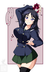 Rule 34 | 1girl, arm up, artist logo, black eyes, black hair, black thighhighs, blue eyes, blue hair, blue jacket, buttons, commentary, cowboy shot, double-breasted, freckles, gift, girls und panzer, green skirt, grey background, grin, heart, highres, holding, holding gift, ichijou takakiyo, jacket, long hair, looking at viewer, miniskirt, motion lines, ooarai school uniform, outside border, pleated skirt, sailor collar, school uniform, skirt, smile, solo, standing, thighhighs, translated, valentine, winter uniform, yamagou ayumi