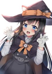 Rule 34 | 1girl, animal ear fluff, animal ears, asashio (kancolle), black dress, black hair, black hat, blue eyes, blush, bow, brown cape, cape, cat ears, claw pose, collared shirt, dress, dress shirt, dutch angle, ears through headwear, fake animal ears, fang, gloves, hair between eyes, halloween, halloween costume, hands up, hat, hat bow, highres, kantai collection, long hair, long sleeves, looking at viewer, official alternate costume, open mouth, orange bow, pinafore dress, puririn, school uniform, shirt, simple background, sleeveless, sleeveless dress, solo, very long hair, white background, white gloves, white shirt, witch, witch hat