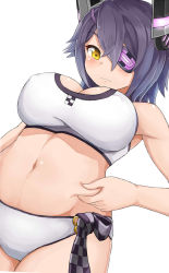 Rule 34 | 10s, 1girl, belly grab, bikini, blush, breasts, covered erect nipples, eyepatch, female focus, headgear, highres, kantai collection, large breasts, navel, okitsugu, purple hair, short hair, simple background, solo, swimsuit, tenryuu (kancolle), wavy mouth, weight conscious, white background