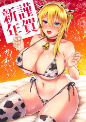 Rule 34 | 1girl, 2021, animal ears, animal print, asymmetrical hair, bell, bikini, blonde hair, blue eyes, blush, breasts, chinese zodiac, collar, collarbone, commentary request, covered erect nipples, cow ears, cow print, curvy, ear tag, hair between eyes, hands up, happy new year, highres, horns, large breasts, navel, neck bell, nengajou, new year, original, red collar, short hair, sitting, skindentation, solo, strap gap, swimsuit, thighhighs, translation request, utenmp, year of the ox
