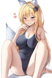 Rule 34 | 1girl, absurdres, animal ear fluff, animal ears, black one-piece swimsuit, blonde hair, blue eyes, blush, breasts, cameltoe, cleavage, cleft of venus, commission, fox, fox ears, fox girl, fox tail, grin, hair ornament, heart, highres, large breasts, naughty face, one-piece swimsuit, original, redshark (t373412), simple background, sitting, smile, spread legs, swimsuit, tail, thighs, white background