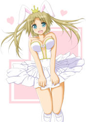 Rule 34 | 1girl, ac japan, animal ears, arigato usagi, bare shoulders, blonde hair, blue eyes, breasts, rabbit ears, center opening, crown, dress, dress tug, frilled skirt, frills, heart, jumping, large breasts, looking at viewer, o-ring, o-ring top, open mouth, personification, qy73, skirt, smile, solo, standing, tutu