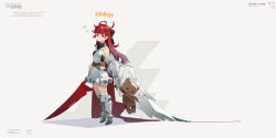 Rule 34 | 1girl, ahoge, armored boots, boots, closed mouth, dress, english text, feathered wings, grey background, highres, holding, holding stuffed toy, ji dao ji, jitome, long hair, looking at viewer, original, red eyes, red hair, sleepy, sleeveless, sleeveless dress, solo, standing, star (symbol), stitches, stuffed animal, stuffed cat, stuffed toy, sword, very long hair, weapon, white dress, white footwear, white wings, wings