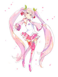 Rule 34 | 1girl, alternate color, bare shoulders, blush, boots, cherry, cherry blossoms, detached sleeves, food, fruit, full body, hair ornament, hatsune miku, long hair, looking up, necktie, outstretched arms, petals, pink eyes, pink footwear, pink hair, pink skirt, pink theme, pleated skirt, sakura miku, shirt, simple background, skirt, sleeveless, sleeveless shirt, smile, solo, spring (season), thighhighs, twintails, ume (plumblossom), very long hair, vocaloid, white background, white shirt