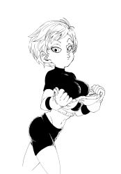 Rule 34 | 1girl, bike shorts, breasts, cheelai, dragon ball, highres, large breasts, legs, looking at viewer, midriff, monochrome, navel, short hair, solo, thighs