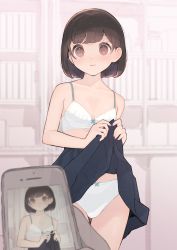 Rule 34 | 1girl, 1other, absurdres, black hair, blue skirt, blush, bow, bow bra, bow panties, bra, breasts, brown eyes, cellphone, closed mouth, highres, holding, holding phone, hyakumangoku masurao, lifting own clothes, looking at viewer, original, panties, partially colored, phone, skirt, small breasts, smartphone, solo focus, tareme, underwear, white bra, white panties