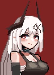 Rule 34 | 1girl, arknights, baeloe, bare shoulders, black horns, black sports bra, blush stickers, breasts, bright pupils, cleavage, closed mouth, commentary request, horns, korean commentary, long hair, looking back, mudrock (arknights), pixel art, red background, red eyes, sideways glance, simple background, solo, sports bra, upper body, white hair, white pupils
