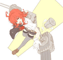 Rule 34 | 10s, 1girl, ahoge, arashi (kancolle), bad id, bad pixiv id, brown eyes, depth charge, gloves, kantai collection, machinery, ninimo nimo, open mouth, red hair, school uniform, skirt, smile, solo, turret, vest
