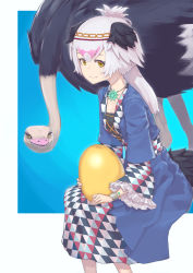 Rule 34 | 1girl, alternate costume, bird, bird wings, black hair, blue dress, circlet, commentary request, don3, dress, egg, frilled sleeves, frills, golden egg, hair between eyes, head wings, jewelry, kemono friends, kemono friends 3, long dress, multicolored hair, necklace, ostrich, ostrich (kemono friends), pink hair, short hair, sitting, solo, white hair, wings, yellow eyes