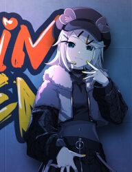 Rule 34 | 1girl, :3, against wall, animal ears, asa no ha (pattern), awakening beat (project sekai), black bodysuit, black hat, black jacket, black shirt, black skirt, blonde hair, blue eyes, bodysuit, cabbie hat, closed mouth, commentary request, covered navel, fake animal ears, graffiti, hair ornament, hairclip, hamster ears, hat, highres, jacket, kagamine rin, long sleeves, project sekai, puffy long sleeves, puffy sleeves, shirt, short hair, sidelocks, skirt, smile, solo, taro14 tea, vivid bad squad (project sekai), vivid bad squad rin, vocaloid, yellow nails