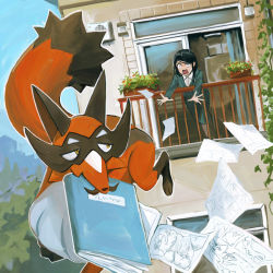 Rule 34 | 1girl, balcony, black hair, book, building, collared shirt, commentary, creatures (company), day, fence, game freak, gen 8 pokemon, go-lurk, green jacket, green skirt, highres, jacket, leaning forward, long sleeves, nintendo, open mouth, outdoors, outstretched arms, pantyhose, paper, plant, pokemon, pokemon (creature), shirt, skirt, sky, spread fingers, thievul, vines, white shirt, window
