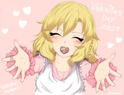 Rule 34 | 1girl, bandaid, blonde hair, blush, candy, character name, chocolate, chocolate heart, closed mouth, food, heart, highres, idolmaster, idolmaster cinderella girls, mouth hold, mrhunking, outstretched arms, sakurai momoka, short hair, valentine