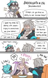 Rule 34 | !?, 1girl, 2boys, 4koma, :&lt;, :d, arknights, beard, black jacket, blue eyes, blue hair, blush, bowl, chair, closed eyes, collared shirt, comic, commentary, cookie, doctor (arknights), dress shirt, eating, english commentary, english text, ethan (arknights), facial hair, flying sweatdrops, food, grey hair, grey shirt, guin guin, hair ornament, hairclip, head wings, highres, holding, holding food, holding newspaper, hood, hood down, hooded jacket, jacket, long hair, male doctor (arknights), manticore (arknights), multiple boys, mustache, newspaper, o o, office chair, old man (guin guin), on chair, open clothes, open jacket, open mouth, pink hair, pink wings, pointy ears, rolled up newspaper, shirt, sitting, smile, spoken interrobang, sweat, swivel chair, triangle mouth, two side up, very long hair, wavy mouth, white jacket, wings