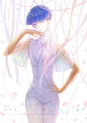 Rule 34 | androgynous, artist name, blue eyes, blue hair, blunt bangs, character name, gender request, golden arms, hand on own hip, heterochromia, highres, houseki no kuni, looking at viewer, phosphophyllite, phosphophyllite (ll), see-through, shiroki, short hair, shorts, solo, spoilers, white eyes