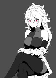 Rule 34 | 1girl, absurdres, android 21, bare shoulders, black leggings, breasts, checkered clothes, confused, crossed legs, dragon ball, dragon ball fighterz, dragonball z, halo, highres, lab coat, leggings, looking at viewer, perplexed, red eyes, sitting, zequung, zquung