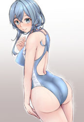 Rule 34 | 1girl, aga marino, ass, bad id, bad twitter id, blue eyes, blue hair, blue one-piece swimsuit, breasts, commentary request, competition swimsuit, cowboy shot, from behind, gotland (kancolle), gradient background, grey background, hair between eyes, kantai collection, large breasts, long hair, mole, mole under eye, one-piece swimsuit, sidelocks, solo, swimsuit