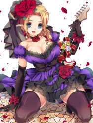 Rule 34 | 1girl, arm support, bare shoulders, blonde hair, blue eyes, breasts, choker, cleavage, dress, earrings, elbow gloves, electric guitar, garter straps, gloves, guitar, highres, instrument, jewelry, kneeling, large breasts, long hair, monety, original, petals, solo, squatting, thighhighs