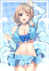 Rule 34 | 1girl, ;d, bikini, bikini top only, blue bikini, blue eyes, blue jacket, blue skirt, breasts, brown hair, cleavage, collarbone, cowboy shot, frilled bikini, frilled bikini top, frills, groin, hair between eyes, jacket, large breasts, looking at viewer, love live!, love live! school idol festival, love live! sunshine!!, midriff, minamon (vittel221), miniskirt, navel, one eye closed, open clothes, open jacket, open mouth, pleated skirt, skirt, smile, solo, standing, stomach, swimsuit, watanabe you