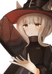 Rule 34 | 1girl, absurdres, animal ears, arknights, bird, black dress, black gloves, black hat, blonde hair, blush, book, cat ears, cat tail, commentary request, dress, ears through headwear, gloves, hat, haze (arknights), highres, long sleeves, looking at viewer, shirotsuki tsubame, short hair, simple background, solo, tail, upper body, white background, witch hat, yellow eyes