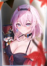 Rule 34 | 1girl, 1other, absurdres, alternate breast size, alternate costume, armpit crease, artist name, bare shoulders, black choker, blue eyes, blurry, blurry foreground, blush, breasts, choker, cleavage, closed mouth, collarbone, commentary, demon horns, earrings, english commentary, fake horns, halloween, headband, highres, hiyoko himawari, honkai: star rail, honkai (series), horns, jewelry, large breasts, march 7th (honkai: star rail), medium breasts, medium hair, pink eyes, pink hair, pom-pom (honkai: star rail), single earring, smile, two-tone eyes, upper body