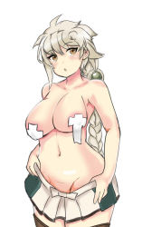 Rule 34 | 10s, 1girl, asymmetrical hair, braid, breasts, convenient censoring, covered erect nipples, hair ornament, kantai collection, large breasts, long hair, looking to the side, navel, open mouth, shikigami, shimanoji, sideboob, silver hair, single braid, skirt hold, solo, thighhighs, tsurime, unryuu (kancolle), very long hair, yellow eyes, zettai ryouiki