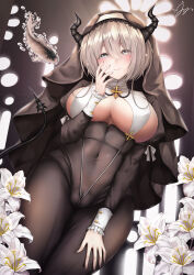 Rule 34 | 1girl, absurdres, bodysuit, breasts, covered erect nipples, demon girl, demon horns, demon tail, fish, flower, grey eyes, grey hair, heart, heart-shaped pupils, highres, horns, large breasts, looking at viewer, nun, original, single horn, skin tight, smile, solo, symbol-shaped pupils, tail, veil, yanyanzi