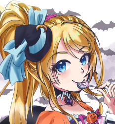 Rule 34 | 1girl, aqua bow, artist request, ayase eli, bat background, black detached collar, black dress, black hat, black wings, blonde hair, blue eyes, blush, bow, breasts, candy, cleavage, collarbone, cross-laced clothes, cross-laced dress, detached collar, dress, female focus, food, frilled dress, frills, garter straps, hair between eyes, hair ornament, hair scrunchie, hanoke chen, hat, highres, holding, holding candy, holding food, jack-o&#039;-lantern, long hair, looking at viewer, love live!, love live! school idol festival, love live! school idol project, midriff, mini hat, moon print, navel, parted lips, pink ribbon, pink scrunchie, ponytail, puffy short sleeves, puffy sleeves, pumpkin print, ribbon, scrunchie, short sleeves, smile, solo, which hat, white background, white bow, wings