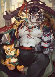 Rule 34 | 1boy, bara, furry, furry male, head on hand, jewelry, looking at viewer, male focus, multiple scars, necklace, null-ghost, official art, one eye closed, onsen, pang (sdorica), scar, sdorica, sitting, solo, stuffed animal, stuffed toy, thighs, tiger, weapon, yao (sdorica)
