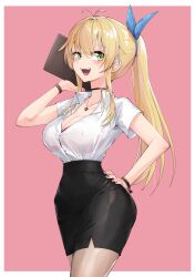 Rule 34 | blonde hair, bra, bra peek, breasts, button gap, choker, cleavage, collarbone, collared shirt, green eyes, hand on own hip, highres, jewelry, large breasts, light blush, long hair, looking at viewer, narrow waist, necklace, office lady, open mouth, pantyhose, pencil skirt, pink background, pink nails, ponytail, shirt, shirt tucked in, short sleeves, sidelocks, sideways glance, simple background, skirt, smile, tented shirt, tsurumaki maki, underwear, voiceroid, white shirt, wide hips, wing collar, zooanime