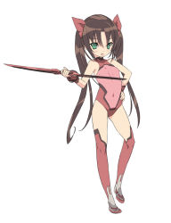 Rule 34 | 10s, 1girl, :o, bad id, bad pixiv id, bare shoulders, blade, blade (galaxist), blush, bodysuit, boots, brown hair, covered navel, double-blade, flat chest, full body, green eyes, hair between eyes, hair ribbon, halterneck, hand on own hip, holding, holding weapon, huang lingyin, infinite stratos, leotard, long hair, looking at viewer, navel, open mouth, parted bangs, pilot suit, pink footwear, red footwear, red thighhighs, ribbon, simple background, skin tight, sleeveless, solo, thigh boots, thighhighs, turtleneck, twintails, very long hair, weapon, white background