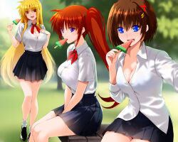 Rule 34 | 3girls, :d, between legs, black footwear, black skirt, blonde hair, blue eyes, blurry, blurry background, breasts, brown hair, cleavage, collarbone, collared shirt, day, dress shirt, eating, engo (aquawatery), fate testarossa, food, hair between eyes, hair ornament, hairclip, hand between legs, holding, large breasts, loafers, long hair, looking at viewer, lyrical nanoha, mahou shoujo lyrical nanoha strikers, medium breasts, miniskirt, mouth hold, multiple girls, neck ribbon, no bra, open mouth, outdoors, partially unbuttoned, pleated skirt, popsicle, purple eyes, red eyes, red hair, red ribbon, ribbon, school uniform, shirt, shoes, short hair, side ponytail, sitting, skirt, smile, socks, standing, straight hair, takamachi nanoha, very long hair, watermelon bar, white shirt, white socks, wing collar, x hair ornament, yagami hayate