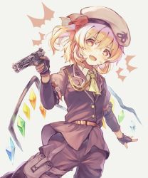 Rule 34 | 1girl, :d, alternate costume, ascot, belt, black gloves, blonde hair, brown jacket, collared shirt, crystal, fang, fingerless gloves, flandre scarlet, gloves, gun, highres, holding, holding gun, holding weapon, jacket, long sleeves, looking at viewer, one side up, open mouth, red eyes, sekisei (superego51), shirt, short hair, simple background, smile, solo, touhou, weapon, white background, white shirt, wings, yellow ascot