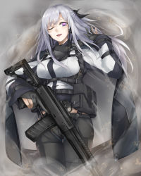Rule 34 | 1girl, ak-12, ak-12 (girls&#039; frontline), assault rifle, black gloves, black pants, breasts, girls&#039; frontline, gloves, grey hair, gun, highres, kalashnikov rifle, large breasts, long hair, long sleeves, magazine (weapon), marche mk14, one eye closed, pants, partially fingerless gloves, purple eyes, rifle, solo, standing, tactical clothes, weapon