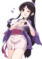 Rule 34 | 1girl, :d, absurdres, ace attorney, batarop, black eyes, black hair, commentary request, curtained hair, dress, heart, heart hands, highres, long hair, looking at viewer, maya fey, one eye closed, open mouth, pencil dress, pink dress, purple sash, sash, simple background, smile, solo, standing, topknot, white background