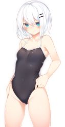 Rule 34 | 1girl, bare shoulders, blue eyes, blush, breasts, cameltoe, casual one-piece swimsuit, closed mouth, collarbone, commentary request, covered navel, cowboy shot, gluteal fold, hair between eyes, hair ornament, hairclip, halterneck, highleg, highleg swimsuit, highres, looking at viewer, navel, one-piece swimsuit, original, otokuyou, ringo-chan (otokuyou), short hair, simple background, small breasts, solo, standing, swimsuit, white background, white hair