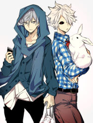Rule 34 | 2boys, bag, black sclera, blue scarf, brown eyes, closed mouth, collarbone, collared shirt, colored sclera, commentary request, constricted pupils, facing viewer, flannel, grey hair, hair over one eye, highres, holding, holding phone, hood, hood up, juuni taisen, looking at another, male focus, multiple boys, nakuru 796, partially unbuttoned, phone, rabbit, red eyes, scarf, shirt, shopping bag, short hair, spiked hair, standing, sumino tsugiyoshi, upper body, usagi (juuni taisen), white background, white rabbit (animal)