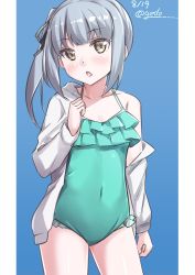 Rule 34 | 10s, 1girl, aqua one-piece swimsuit, blue background, brown eyes, casual one-piece swimsuit, contrapposto, cowboy shot, dated, getou, highres, jacket, kantai collection, kasumi (kancolle), long hair, looking at viewer, one-piece swimsuit, side ponytail, silver hair, solo, standing, swimsuit, twitter username, white jacket