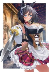 Rule 34 | 1girl, absurdres, animal ears, armpits, black hair, blue eyes, blurry, blurry background, blush, border, choker, closed mouth, commentary request, cowboy shot, detached sleeves, dirndl, dress, ear ornament, eishin flash (umamusume), frilled dress, frills, german clothes, hair between eyes, highres, holding, holding sword, holding weapon, horse ears, horse girl, horse tail, looking at viewer, petticoat, rapier, red choker, short hair, shumai il, simple background, solo, sword, tail, umamusume, weapon, white border
