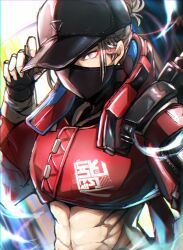 Rule 34 | 1girl, abs, absurdres, animification, apex legends, black gloves, black shirt, cropped jacket, cropped shirt, eye trail, fingerless gloves, gloves, glowing, glowing eye, grey hair, hair behind ear, hand on headwear, highres, hirome99, hood, hood down, hooded jacket, jacket, light trail, looking at viewer, mask, midriff, mouth mask, official alternate costume, red eyes, red jacket, shirt, solo, street smart wraith, streetwear, wind, wraith (apex legends)