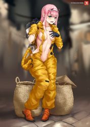 Rule 34 | 1girl, blush, breasts, darling in the franxx, green eyes, hairband, hazmat suit, highres, horns, long hair, looking at viewer, medium breasts, midriff, navel, open mouth, pink hair, solo, torn clothes, velminth, zero two (darling in the franxx)