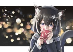 Rule 34 | 1girl, animal ears, beret, black hair, black jacket, blurry, blush, bokeh, box, braid, cat ears, cat girl, cat tail, commentary, confession, covering own mouth, depth of field, facing viewer, flower, gift, gift box, hair flower, hair ornament, hairpin, hat, hatsuran, highres, holding, holding gift, hoshina suzu, jacket, letterboxed, medium hair, multicolored eyes, outside border, pink eyes, purple eyes, scarf, shy, side braid, sideways glance, solo, star (symbol), star hair ornament, sweater, tail, valentine, virtual youtuber, wactor production, white flower, white sweater