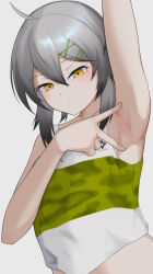 Rule 34 | 1girl, ahoge, arm above head, armpits, commentary, croque (neural cloud), girls&#039; frontline neural cloud, grey hair, hair ornament, hairclip, highres, looking at viewer, multicolored hair, shirt, short hair, simple background, solo, spread armpit, syage 62c, tank top, white background, yellow eyes