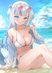 Rule 34 | 1girl, alternate breast size, beach, bikini, blue eyes, blue hair, blue nails, blue sky, breasts, cleavage, closed mouth, cloud, collarbone, day, eyewear on head, gawr gura, halterneck, highres, hololive, hololive english, jacket, large breasts, multicolored hair, navel, ocean, off shoulder, open clothes, open jacket, outdoors, pulled by self, shirt, side-tie bikini bottom, single bare shoulder, sitting, sky, smile, stomach, strap pull, streaked hair, string bikini, sunglasses, swimsuit, takumi11, thighs, two side up, virtual youtuber, wet, white bikini, white hair, white shirt