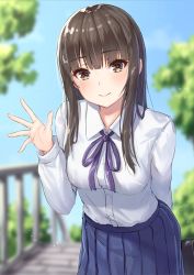 Rule 34 | 1girl, black hair, blue skirt, blurry, blurry background, blush, breasts, brown eyes, buttons, collared shirt, commentary request, day, hand up, long hair, long sleeves, looking at viewer, medium breasts, neck ribbon, original, outdoors, pensuke, pleated skirt, purple ribbon, ribbon, school uniform, shirt, shirt tucked in, sidelocks, skirt, smile, solo, standing, white shirt