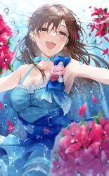 Rule 34 | 1girl, air bubble, armpits, blue choker, blue dress, blush, breasts, brown hair, bubble, choker, cleavage, collarbone, dress, falling petals, gen (enji), highres, idolmaster, idolmaster cinderella girls, looking at viewer, nitta minami, outstretched arms, petals, sleeveless, sleeveless dress, smile, solo, underwater