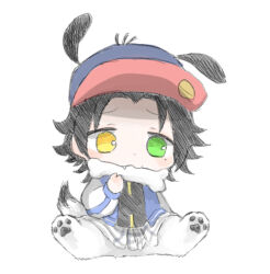 1boy animal_ear_headwear animal_legs baseball_cap black_hair blush bone_in_mouth chibi clothes_around_waist dog_tail fake_animal_ears fang fusion green_eyes hat heterochromia hypnosis_mic jacket male_focus mole mole_under_eye parted_bangs pawpads pochacco sanrio shirt shirt_around_waist short_hair simple_background sitting solo sukajan suke8364 tail tareme white_background yamada_jiro yellow_eyes