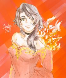 Rule 34 | asymmetrical hair, bare shoulders, breasts, brown eyes, brown hair, character name, cinder fall, cleavage, cowboy shot, fire, flower, hair over one eye, holding flame, long hair, medium breasts, orange background, rwby, solo, toutetsu mon