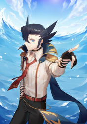 Rule 34 | 1boy, absurdres, belt, black choker, black gloves, black hair, black pants, blue cape, blue eyes, cape, choker, closed mouth, cloud, collared shirt, creatures (company), day, epaulettes, fingerless gloves, game freak, gloves, grimsley (pokemon), grimsley (sygna suit) (pokemon), hand in pocket, hand up, highres, looking at viewer, male focus, mongguri, necktie, nintendo, official alternate costume, outdoors, pants, pointing, pointy hair, pokemon, pokemon masters ex, red belt, red necktie, shirt, sky, smile, solo, suspenders, water, white shirt