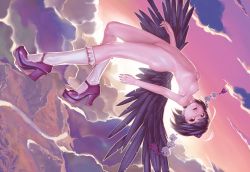 Rule 34 | 1girl, breasts, cloud, expressionless, feathers, female focus, flying, geister, hat, high heels, highres, landscape, looking away, looking down, nipples, nude, open mouth, public indecency, public nudity, pussy, river, shameimaru aya, short hair, sky, small breasts, socks, solo, tengu, touhou, uncensored, wings